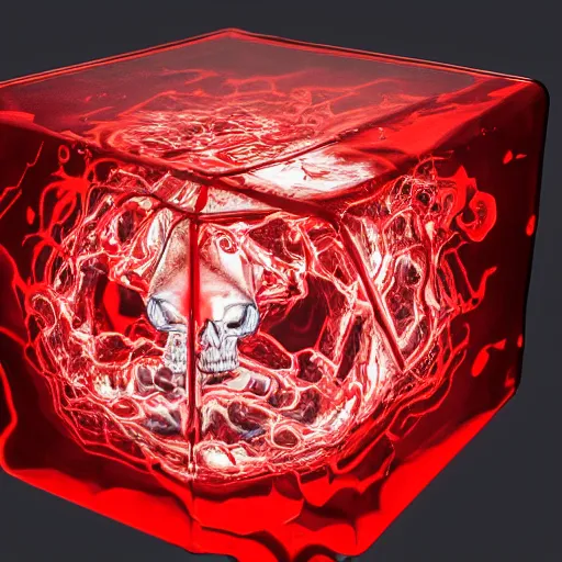 Prompt: twisted scene of a twisted transparent cube half filled with turbulent red liquid inside in a transparent skull