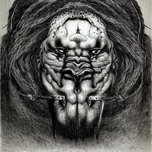 Image similar to monster with with four faces : man, lion, eagle, bull. drawn by zdzislaw beksinski