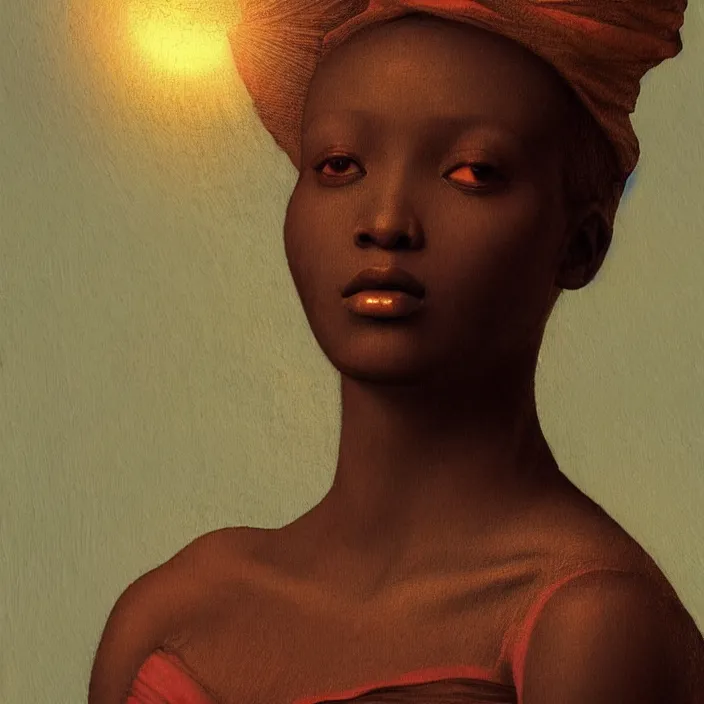 Prompt: a painting of a beautiful African woman by Leonardo da Vinci . dramatic angle, ethereal lights, details, smooth, sharp focus, illustration, realistic, cinematic, artstation, award winning, rgb , unreal engine, octane render, cinematic light, macro, depth of field, blur, red light and clouds from the back, highly detailed epic cinematic concept art CG render made in Maya, Blender and Photoshop, octane render, excellent composition, dynamic dramatic cinematic lighting, aesthetic, very inspirational, arthouse.