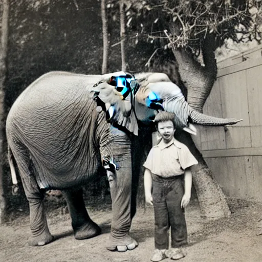 Prompt: an extremely detailed photo by john l. gaunt of a small boy standing next to an elephant with an extremely long trunk