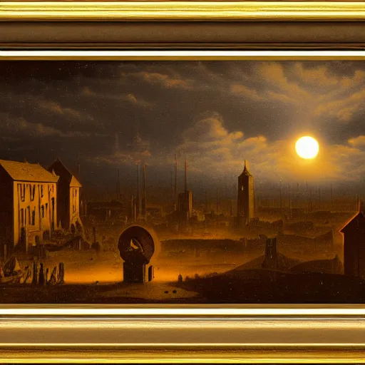 Image similar to dark solar eclipse, above a village, highly detailed, studio 4 k quality, by carl gustav carus