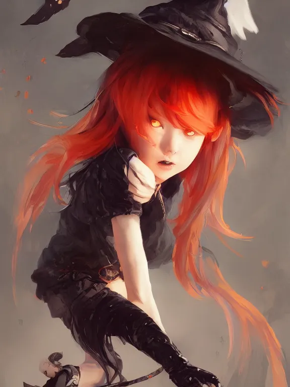 Image similar to Full shot of a cute mischievous young witch about to get up to some trouble. Black and Orange palette. By Ruan Jia and Artgerm and Range Murata and WLOP and CLAMP. Key Art. Fantasy Illustration. award winning, Artstation, intricate details, realistic, Hyperdetailed, 8k resolution.