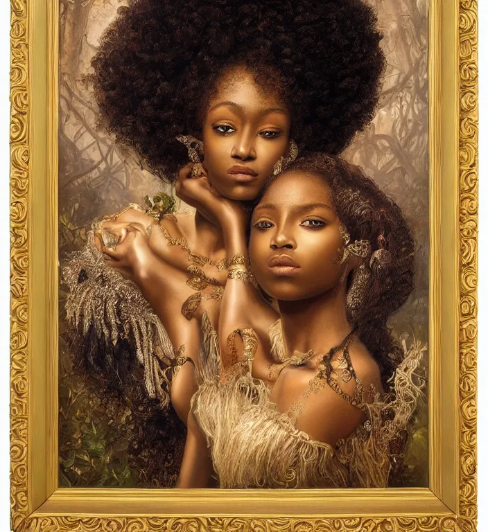 Image similar to a breathtakingly stunningly beautifully highly detailed portrait of a afro queen, ornately framed, by rosetti and devinci and michael cheval and sidney cooper and turner, 4 k