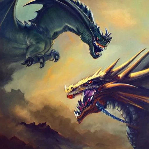 Prompt: A dramatic painting of a ferocious dragon is the style of Feng zhu
