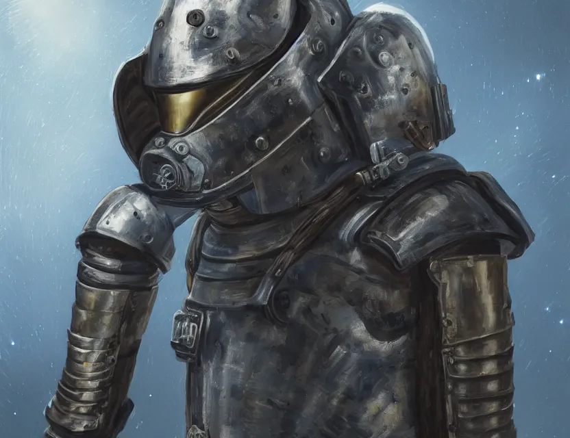 Image similar to a detailed portrait painting of a lone bounty hunter wearing cloth a flight suit and a reflective visor. Head and chest only. Dieselpunk elements. Movie scene, cinematic sci-fi scene. Flight suit, cloth and metal, accurate anatomy. Samurai influence, knight influence. fencing armour. portrait symmetrical and science fiction theme with lightning, aurora lighting. clouds and stars. Atmospheric. Futurism by moebius beksinski carl spitzweg moebius and tuomas korpi. baroque elements. baroque element. intricate artwork by caravaggio. Oil painting. Trending on artstation. 8k