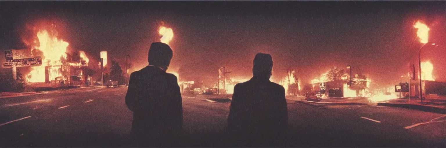 Prompt: 8 0 s polaroid photo, cinema still from david lynch movie, sleazy man watching night streets while a single house burns in the background of suburbia, haze, americana, high production value, 8 k resolution, hyperrealistic, hdr, photorealistic, high definition, high details, tehnicolor, award - winning photography, masterpiece, amazing colors