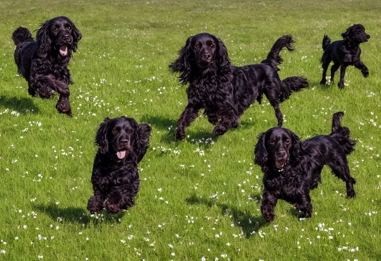 Prompt: One black spaniel dog and one brown spaniel dog running in a meadow low angle realism epic background 4k