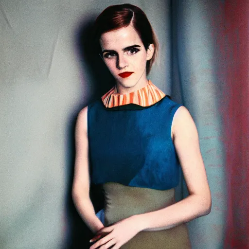 Prompt: Retro color photography 1960s fashion photoshoot of Emma Watson portrait Cinestill 800T, 1/2 pro mist filter, and 65mm 1.5x anamorphic lens