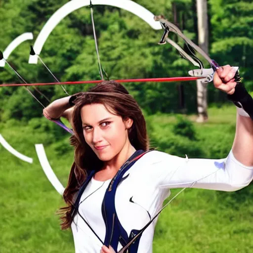 Image similar to realistic, attractive sports woman in archery, pointing his bow, highly detailed