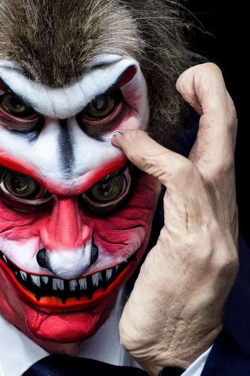 Image similar to Mauricio Macri with an angry cat in his hand in Elaborate Joker Makeup and prosthetics designed by Rick Baker, Hyperreal, Head Shots Photographed in the Style of Annie Leibovitz, Studio Lighting