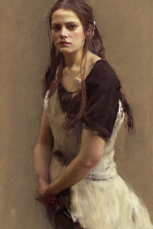 Image similar to Richard Schmid and Jeremy Lipking and Antonio Rotta full length portrait painting of a young beautiful traditonal viking woman