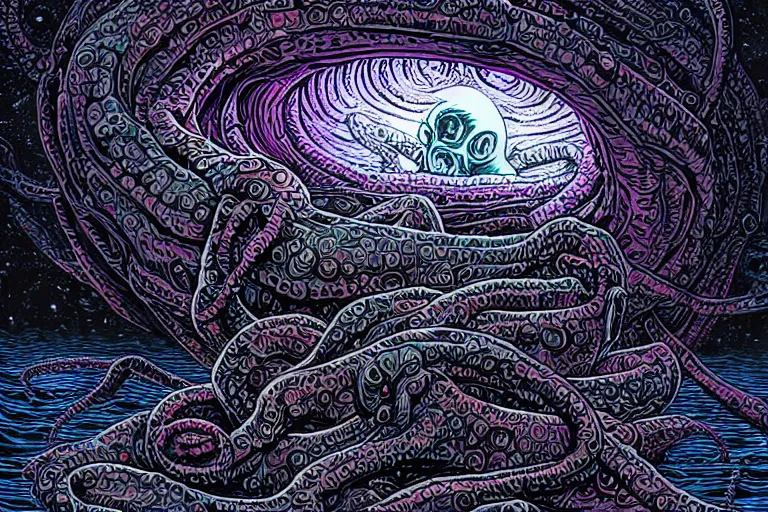 Prompt: a giant lovecraftian skulled tentacle creature gripping a black hole by dan mumford, digital art, photorealistic, vivid colors, highly detailed, intricate