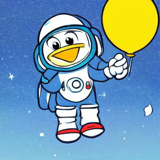 Image similar to cute astronaut penguin, helmet on, floating on space, disney style