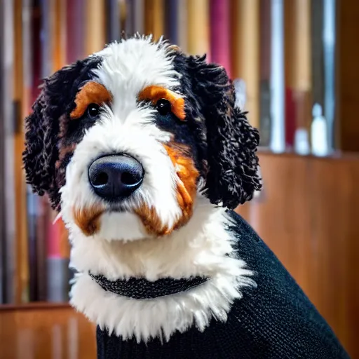 Image similar to a closeup photorealistic photograph of a cute smiling knitted bernedoodle judge dog dressed in a black gown and presiding over the courthouse. indoors, professional capture, well lit shot. this 4 k hd image is trending on artstation, featured on behance, well - rendered, extra crisp, features intricate detail, epic composition and the style of unreal engine.