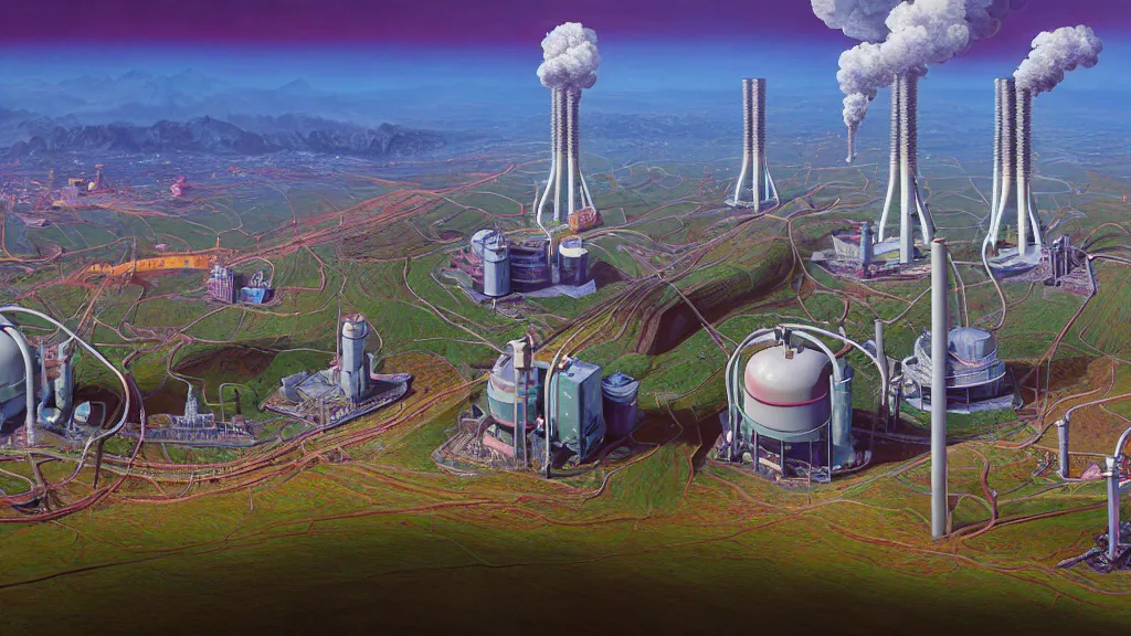 Prompt: Nuclear Breeder Reactors integrated with the town of Quito by Simon Stålenhag and Vincent Callebaut, oil on canvas; Art Direction by Adam Adamowicz; 4K, 8K; Ultra-Realistic Depth Shading