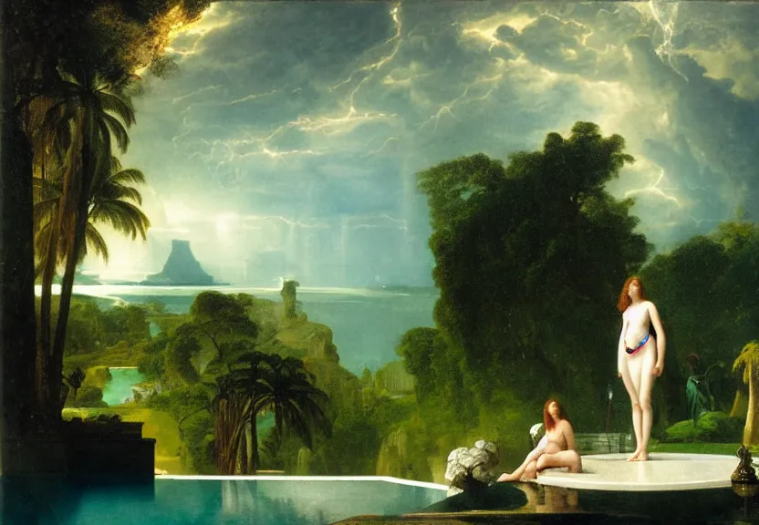 Image similar to Girl at the palace, refracted sparkles, thunderstorm, greek pool, beach and Tropical vegetation on the background major arcana sky, by paul delaroche, hyperrealistic 4k uhd, award-winning, very very very detailed