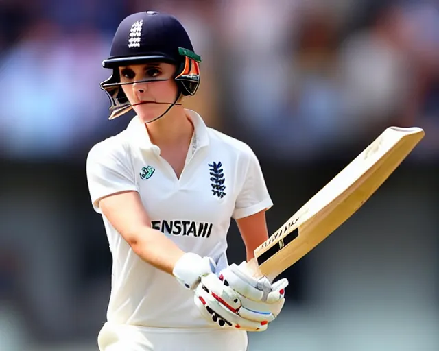 Image similar to emma watson opens the batting for england at lord's cricket ground, sports photography, bokeh, dramatic, filmic