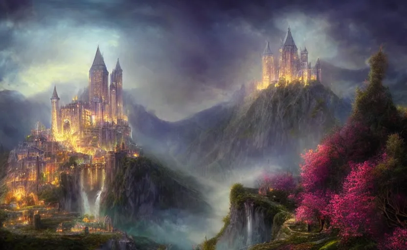 Prompt: beautiful secret city of the elves gondolin on top of a mountain, magical gloomy mystical. by konstantin razumov, fractal flame, chiaroscuro, highly detailded