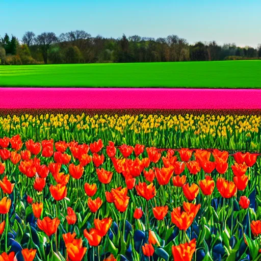 Image similar to A 4k photo of a field of tulips, blue skies, high contrast, early morning