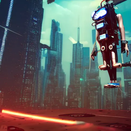 Image similar to man on a jetpack with springs instead of legs, cyberpunk, 4k,