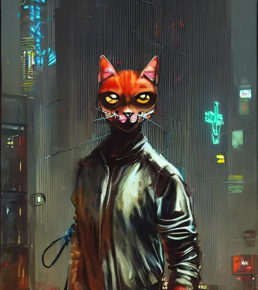 Prompt: new york city portrait of furry anthro anthropomorphic cat head animal person fursona wearing clothes strange cybernetic muzzle gloomy rainy screenshot from the video game cyberpunk 2077 digital art by Greg Rutkowski, Simon Stalenhag, christopher nolan trending on Artstation, CGSociety