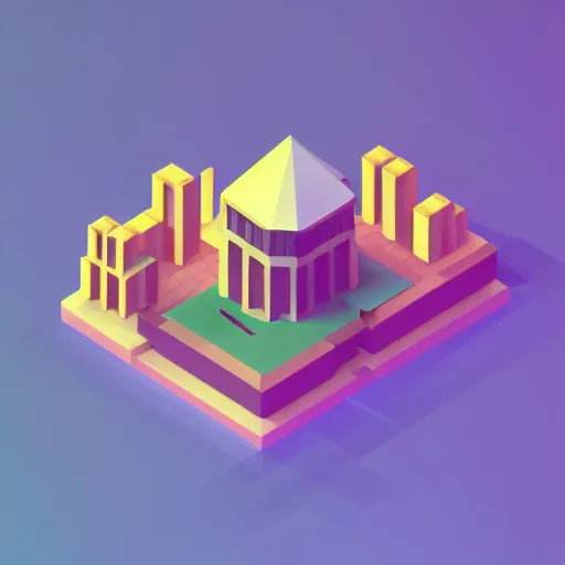 Prompt: isometric vector, low poly, brown cross icon, on the top of a hill, sunset background, cgsociety, volumetric lighting, artstationhq