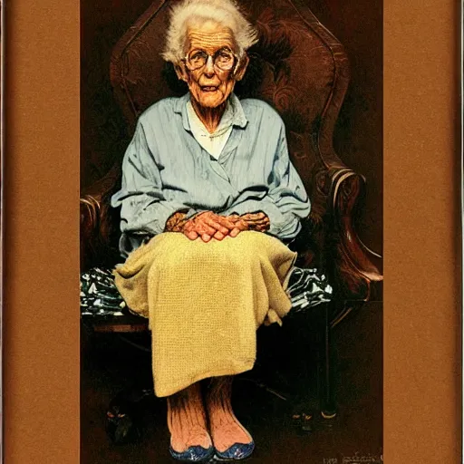 Image similar to frontal portrait of a wizened old witch. a portrait by norman rockwell.