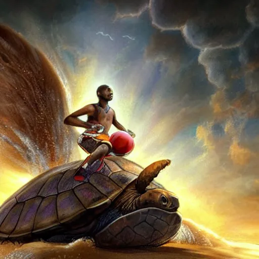 Image similar to kobe byrant riding on a turtle in heaven, amazing digital art, amazing detail, fantasy art, artstatiom, cgsociety, epic art