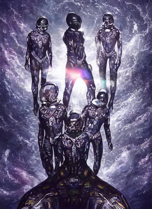 Image similar to astronauts in the dark infinite underwater void - complex and hyperdetailed technical suit, fabric material. reflection and dispersion materials. rays and dispersion of light. volumetric light. wide angle, f / 3 2. noise film photo. flash photography. ultra realistic, wide angle. poster by wayne barlowe, hajime sorayama aaron horkey, craig mullins