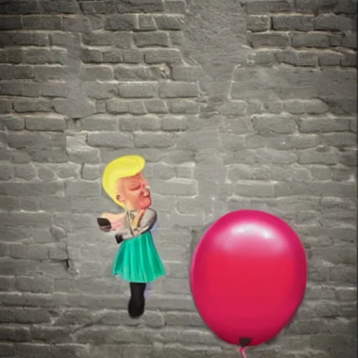 Image similar to banky girl with ballon. donald trump instead of girl