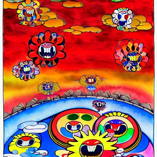 Image similar to Three bright red demons flying up from a desert canyon in the style of Takashi Murakami, highly detailed, watercolor background, Kids See Ghosts