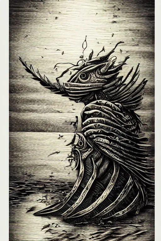 Prompt: a beautiful wood engraving on paper of a fishman, 8 k, frostbite 3 engine, cryengine, dof, trending on artstation, digital art, crepuscular ray, art by david witbeck