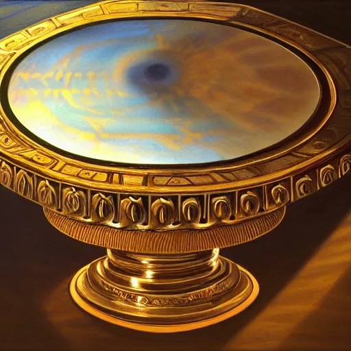 Image similar to in the center lays an ancient chromed artifact in the shape of a heavy signet ring, ornate with gentle iridescent shine from within. the ring lays on top of a pedestal. the pedestal is in front of a dark misty balcony at night. perspective from the side. realistic light and shadows. moody fantasy art, table still masterpiece life renaissance pastel painting.