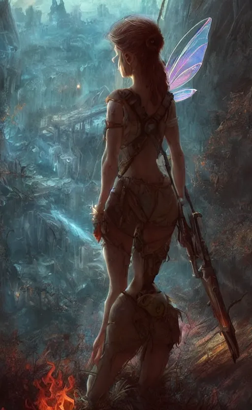 Image similar to a fairy looking at a post - apocalyptic landscape, from behind, cinematic lighting, ruined, flames, very detailed, intricate, digital painting by greg rutkowsky and artgerm, artstation, concept art