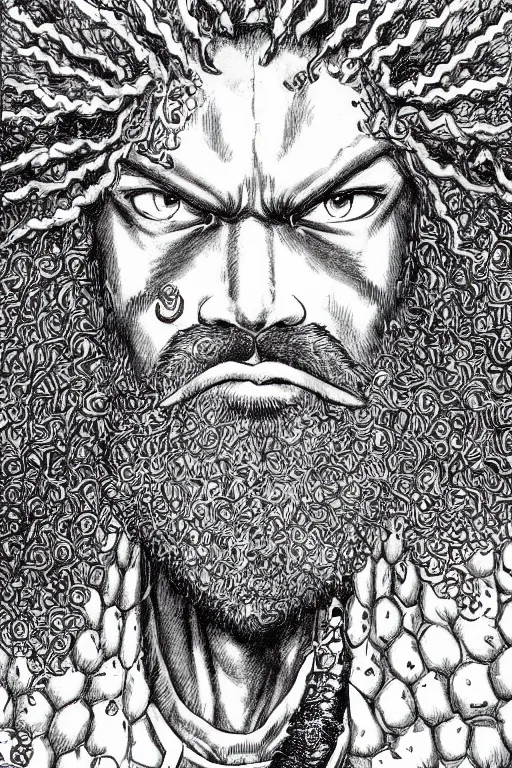 Image similar to black man with afro hair and raspy beard stubble as a knight, highly detailed, anatomically correct, black and white, manga, art by kentaro miura