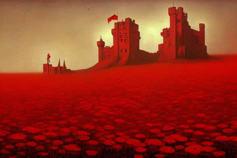 Image similar to only with red, red flowers, a crimson tiger, a castle in the background, medieval demons speak with people, an ancient path, in the style of beksinski, part by hopper, part by rodcenko, part by hofbauer, intricate composition, red by caravaggio, insanely quality, highly detailed, masterpiece, red light, artstation