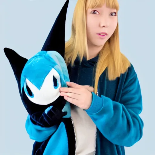 Image similar to a blonde-girl-in-a-black-hoodie holding a blue-shark-plush, anime style