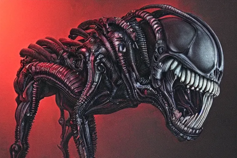 Image similar to a xenomorph dog, a dog designed by hr giger, a dog from the movie alien, hellish, nightmare, terror, horror, hell hound, dog nightmare, dog alien, movie footage, dramatic lighting, dramatic framing