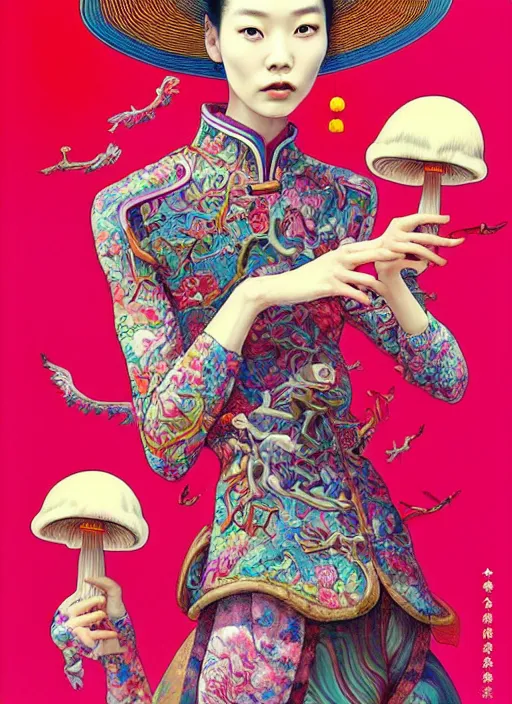 Image similar to pretty chinese model with hallucination mushroom : : by martine johanna and simon stalenhag and chie yoshii and casey weldon and wlop : : ornate, dynamic, particulate, rich colors, intricate, elegant, highly detailed, vogue, harper's bazaar art, fashion magazine, smooth, sharp focus,