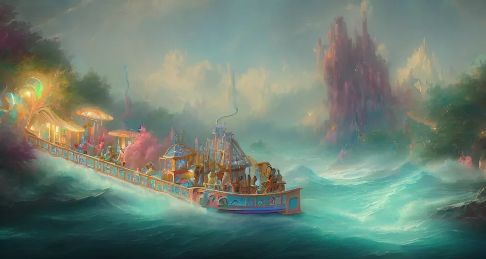 Image similar to an amusement park boat ride with pastel colors by peter mohrbacher, vivid colors, matte painting, 8K, concept art, mystical color scheme, trending on artstation