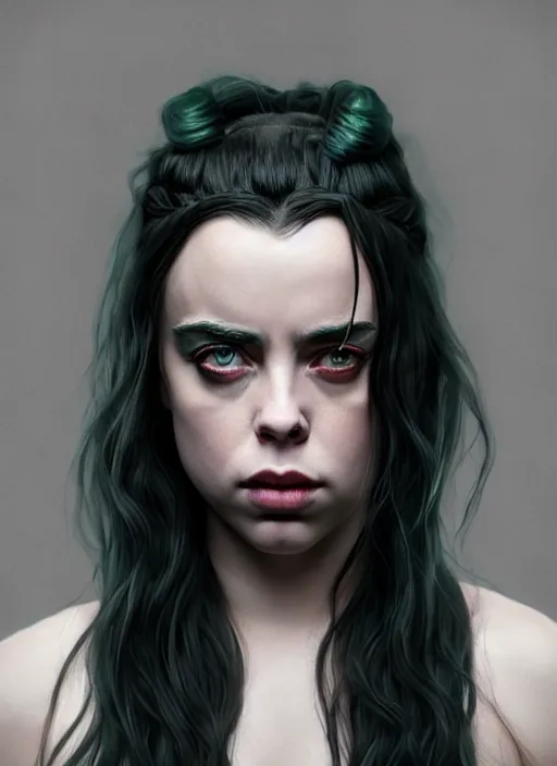 Image similar to Billie Eilish as female loki by, hyper detail, hyper realistic, octane render, noir, gorgeous symmetrical face, elegant, intricate, studio lighting, by Greg rutkowski