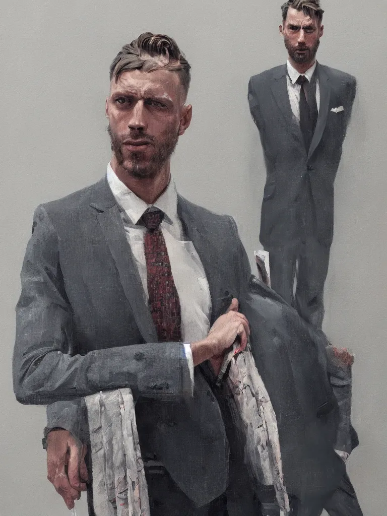 Image similar to a portrait of men in suits with tie in a painting from stalenhag, 4 k, 8 k, hdr, artstation, concept art