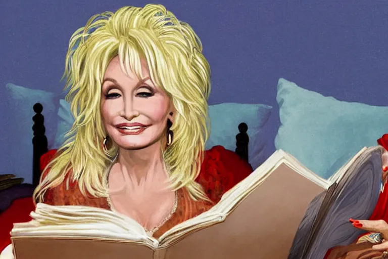 Prompt: portrait of dolly parton reading a bedtime story to jim carrey in bed,