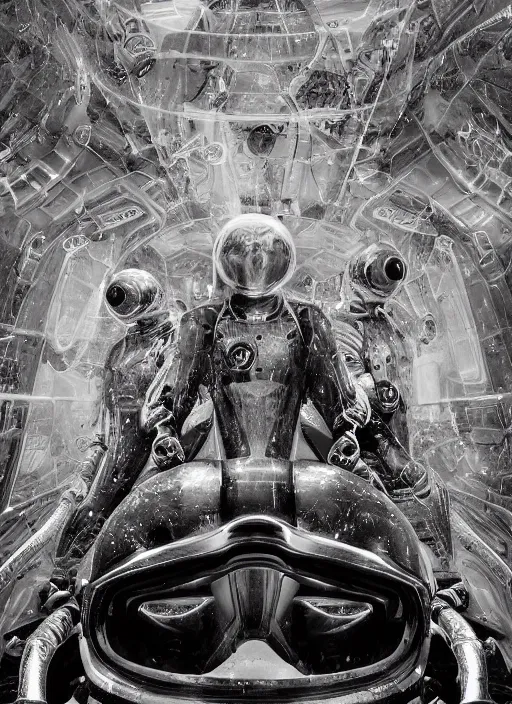 Image similar to symmetrical astronauts in dark and empty void underwater - complex and hyperdetailed technical suit. reflection and dispersion materials. rays and dispersion of light. volumetric light. 5 0 mm, f / 3 2. noise film photo. flash photography. ultra realistic, wide angle. poster by wayne barlowe, hajime sorayama aaron horkey, craig mullins