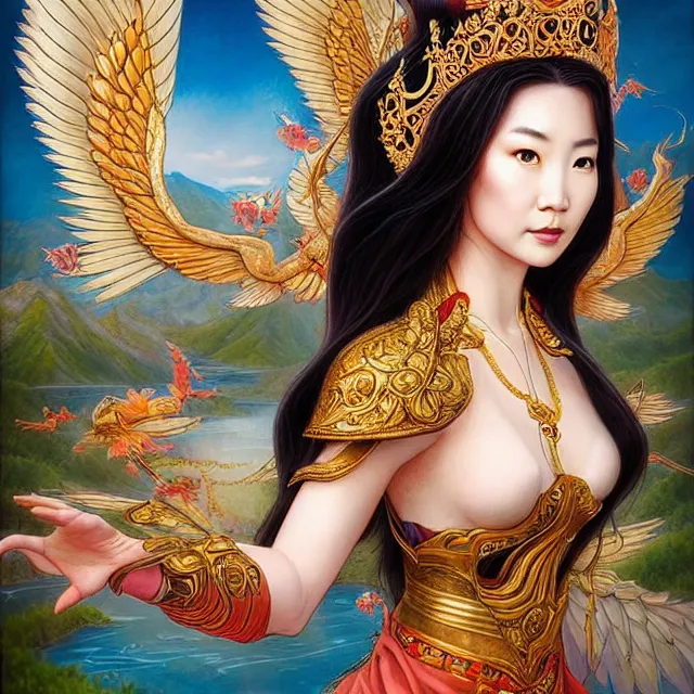 Image similar to in the art style of bagshaw tom artgerm and bowater, charlie, by bagshaw tom, artgerm and bowater, charlie, portrait of a beautiful asian mongolian princess goddess spreading its wings, portrait of princess wearing a beautiful ornate crown, in the background lake baikal is seen