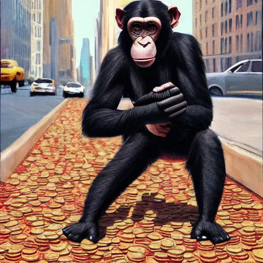 Image similar to a painting of a chimpanzee wearing a business suit picking up pennies on a street in manhattan, hyperrealistic