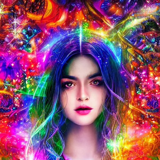 Image similar to Detailed Complex Colorful Magical Enchanted portrait of a Delicate Beautiful Celestial Creature of Light, Attractive, Beautiful, Seductive, Innocent, Pure, 4k, photorealistic