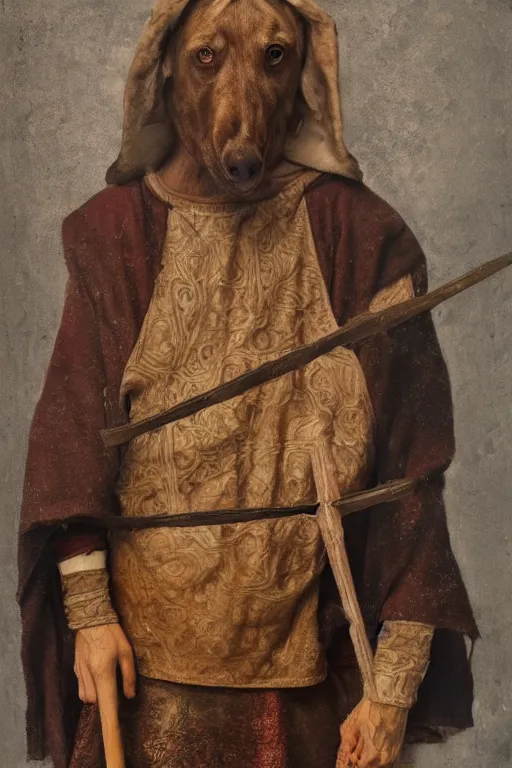 Prompt: Slavic dog head man, woolen torso in medieval clothes, Orthodox , oil painting, hyperrealism, beautiful, high resolution, trending on artstation, holding axe,