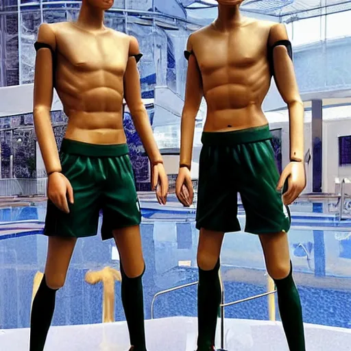 Image similar to a realistic detailed photo of a guy who is an attractive humanoid who is half robot and half humanoid, who is a male android, soccer players martin ødegaard & timo werner, shiny skin, posing like a statue, blank stare, by the pool, on display, showing off his muscles, gold soccer shorts, no jersey, statue, many copies of them