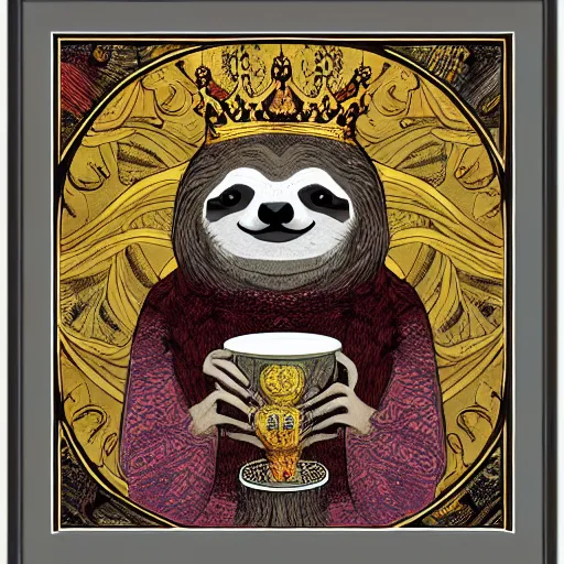 Prompt: sloth as the king of cups, framed, intricate details, medieval art style, posterized